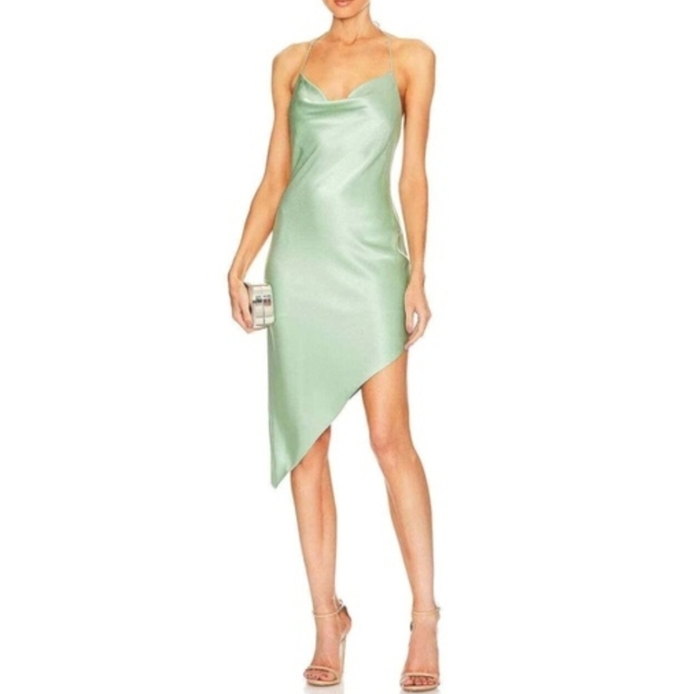 Alice + Olivia Harmony Asymmetric Satin Slip Midi Dress in Light Sage Womens 6